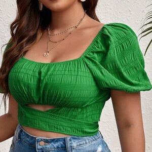 Green Cut Out Puff Sleeve Tie Crop Top NWOT